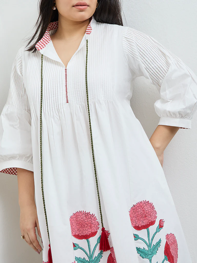 Diza White Floral Cotton A-Line Kurta - Image 3