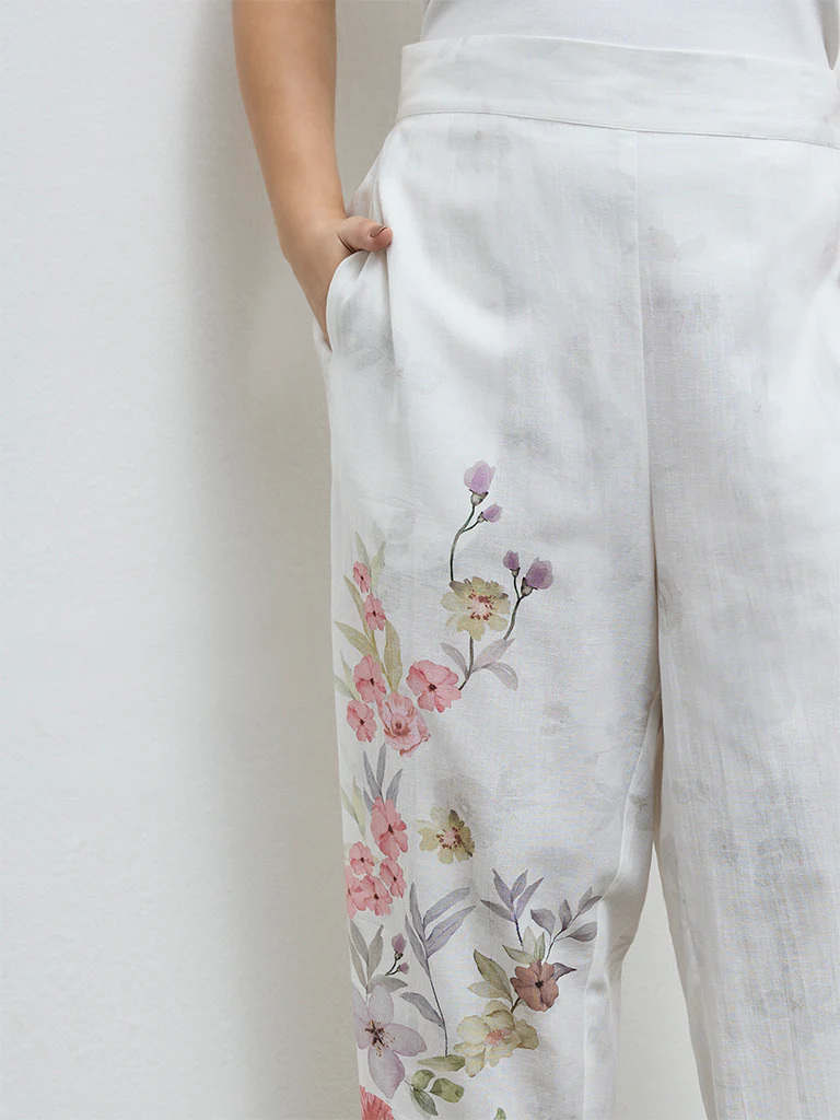 Diza White Floral Design Cotton-Blend Pants - Image 3