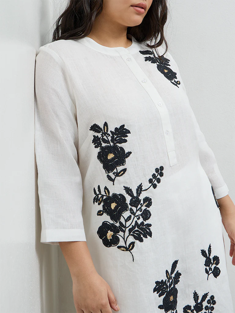 Diza White Floral Embroidered A-Line Linen Kurta - Image 3