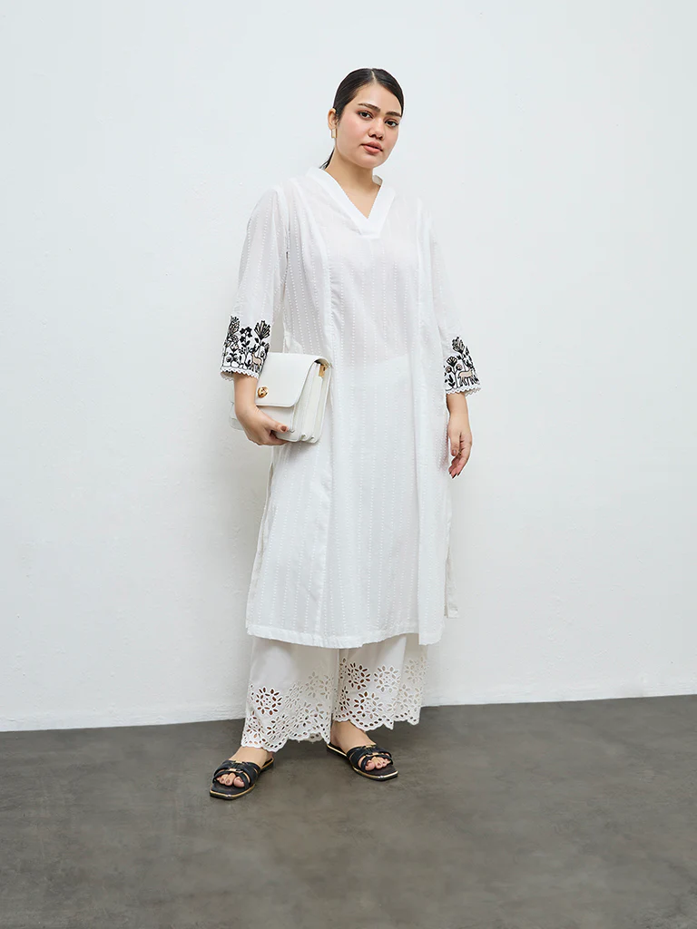 Diza White Floral Embroidered Cotton A-Line Kurta - Image 2