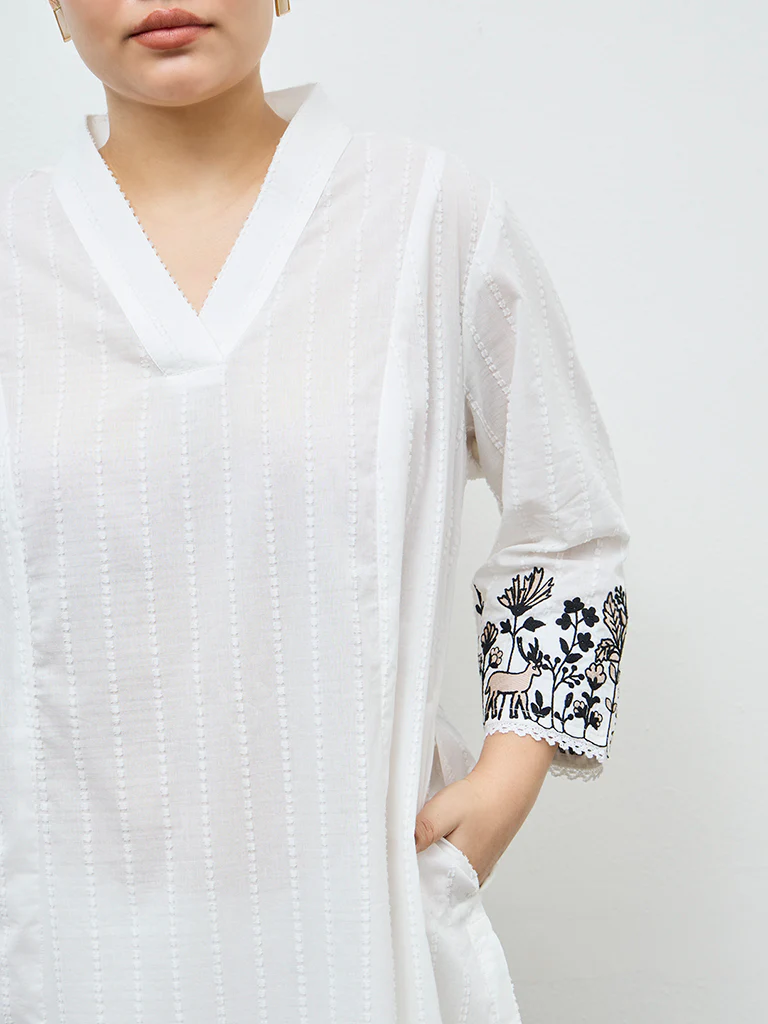 Diza White Floral Embroidered Cotton A-Line Kurta - Image 3