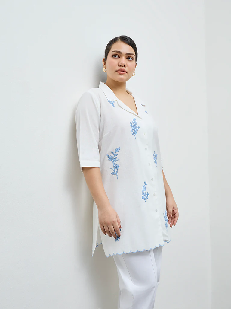Diza White Floral Embroidered Cotton-Blend Tunic