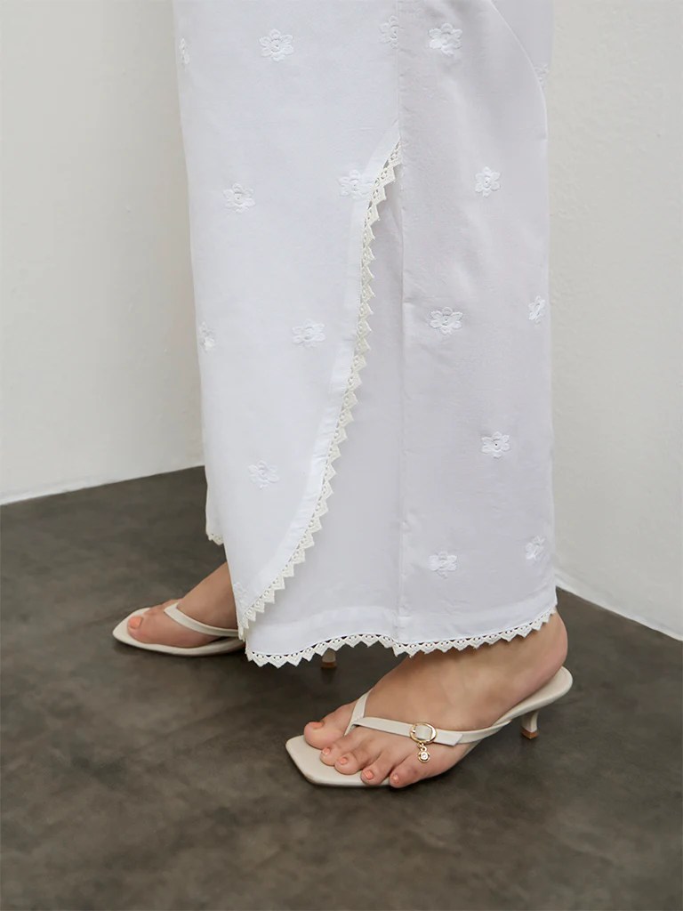 Diza White Floral Embroidered Cotton Pants - Image 3
