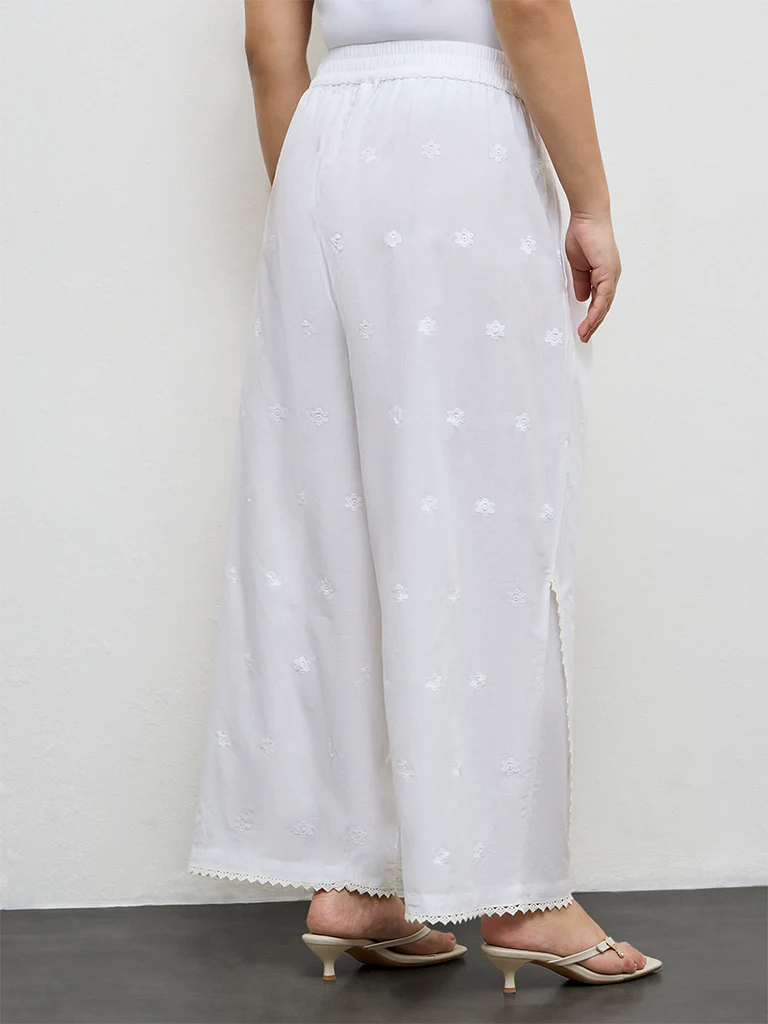 Diza White Floral Embroidered Cotton Pants - Image 4