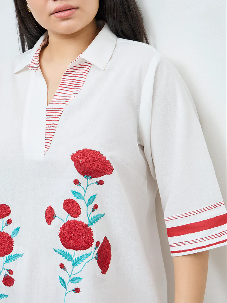 Diza White Floral Embroidered Cotton Tunic - Image 3