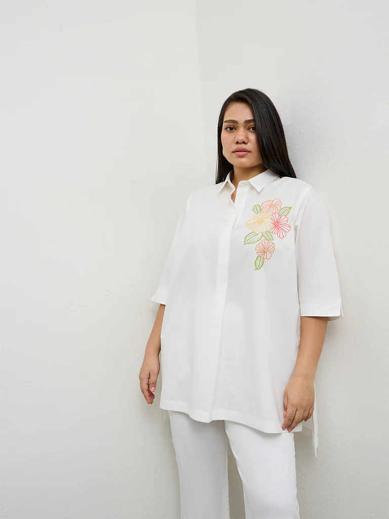 Diza White Floral Embroidered Cotton Tunic