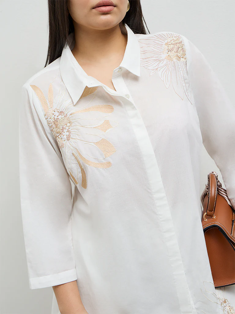 Diza White Floral Embroidered Cotton Tunic - Image 3