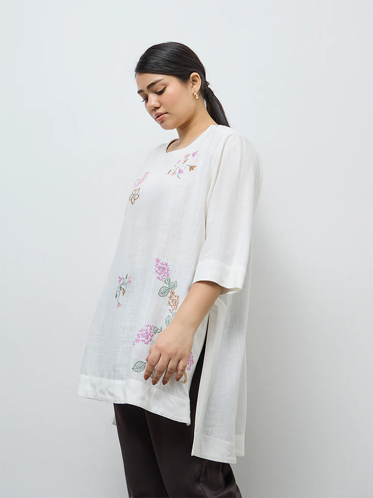 Diza White Floral Embroidered High-Low Tunic