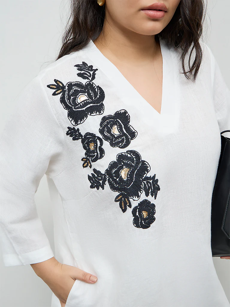 Diza White Floral Embroidered Linen A-Line Kurta - Image 3