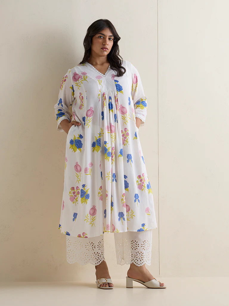 Diza White Floral Pattern A-Line Kurta