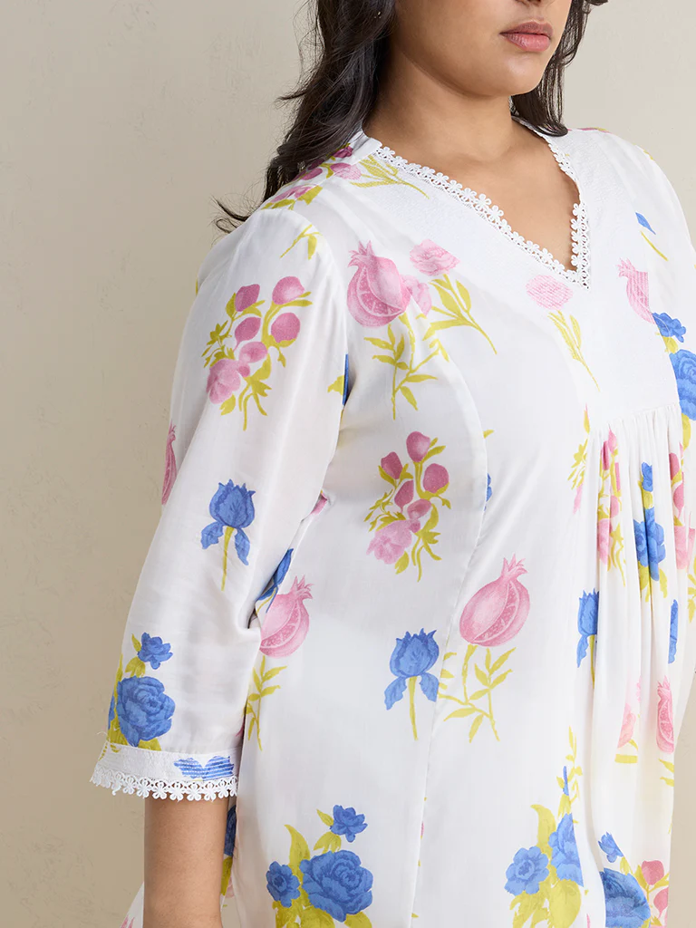 Diza White Floral Pattern A-Line Kurta - Image 3