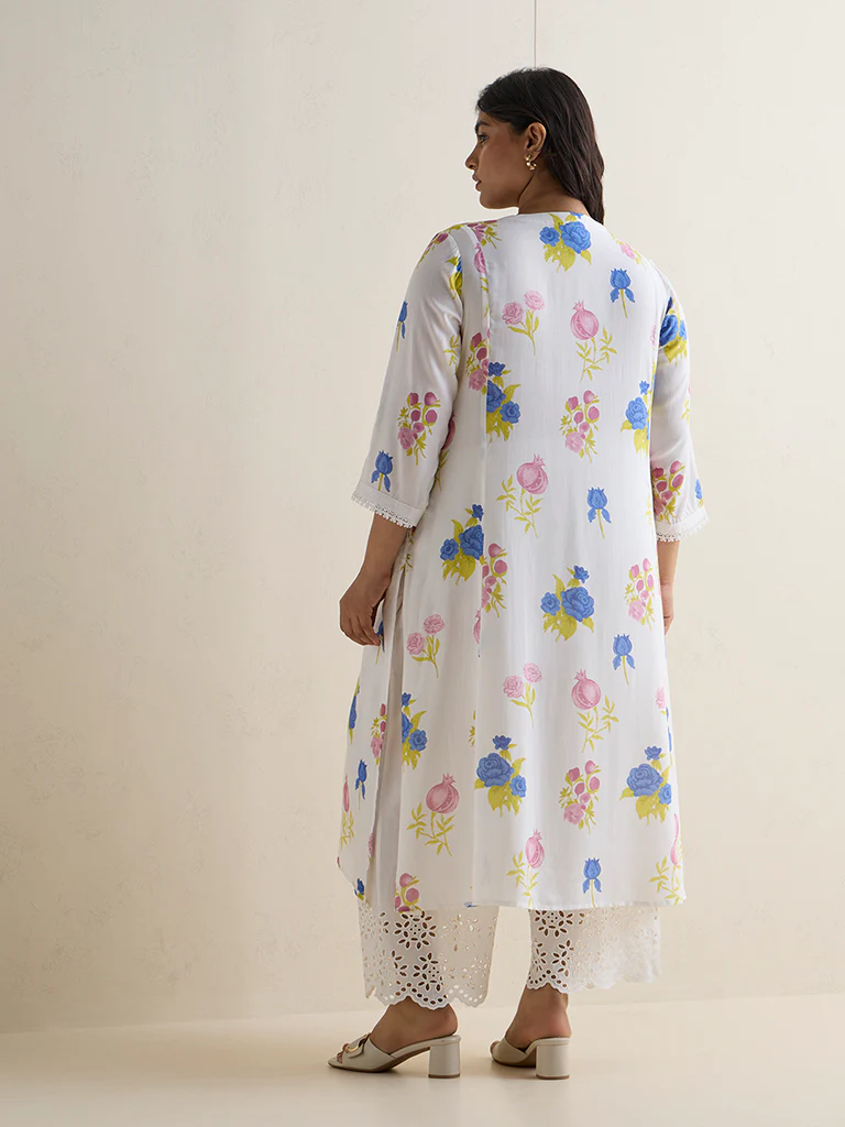 Diza White Floral Pattern A-Line Kurta - Image 4
