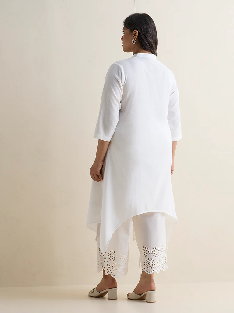 Diza White Floral Pattern Cotton-Blend A-Line Kurta - Image 4