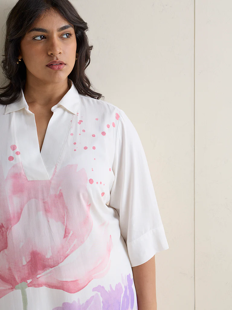Diza White Floral Printed High-Low Tunic - Image 3