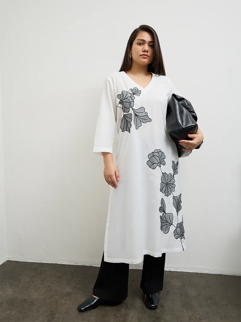 Diza White Foliage Embroidered Cotton A-Line Kurta