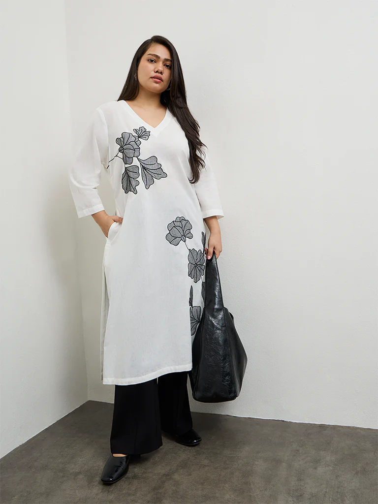 Diza White Foliage Embroidered Cotton A-Line Kurta - Image 2