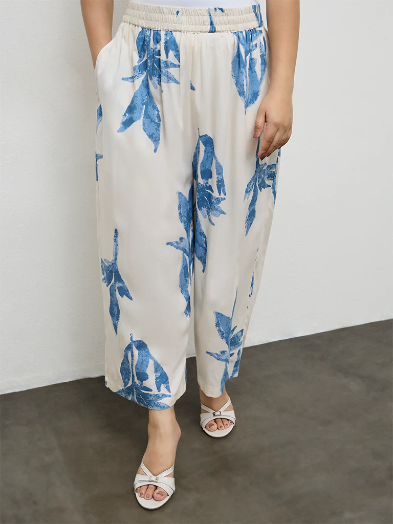 Diza White Foliage Pattern Palazzos