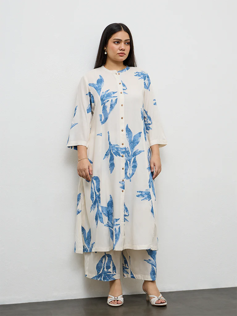 Diza White Foliage Printed A-Line Kurta