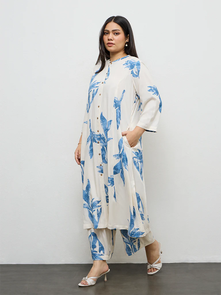 Diza White Foliage Printed A-Line Kurta - Image 2