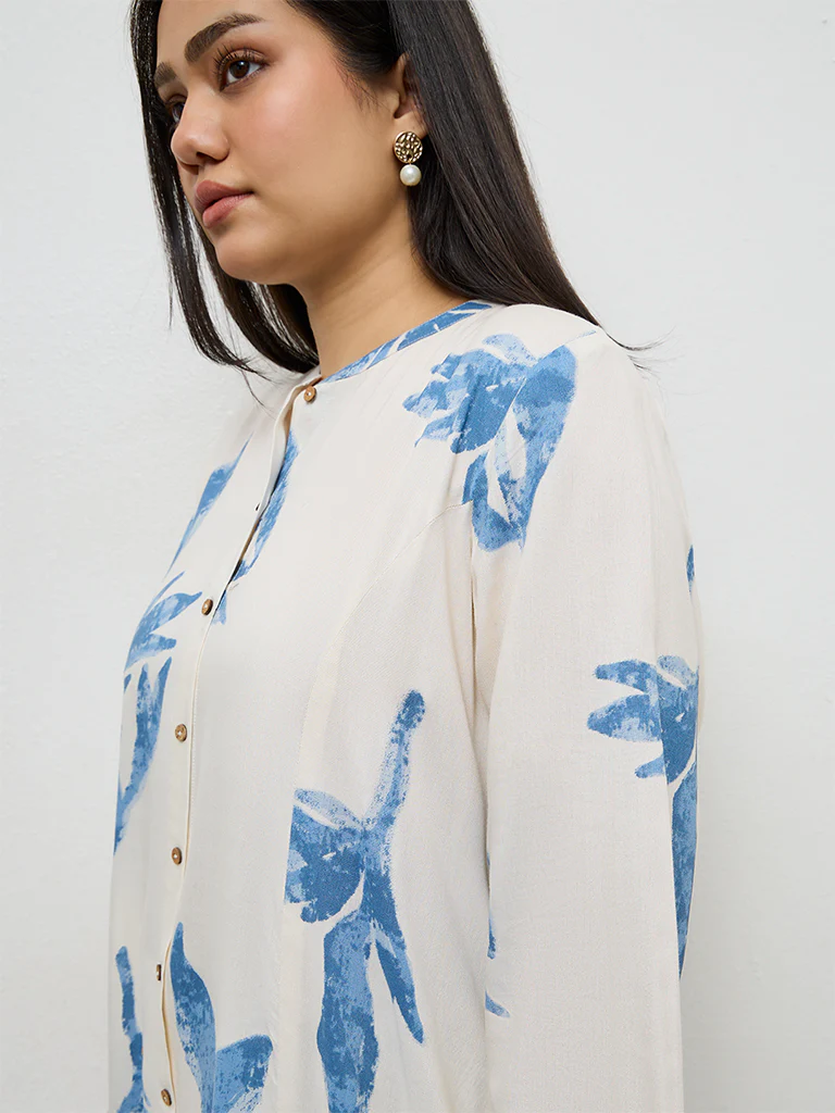 Diza White Foliage Printed A-Line Kurta - Image 3