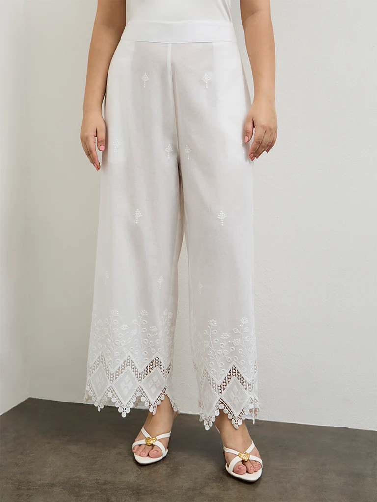 Diza White Lace-Embroidered Cotton Pants