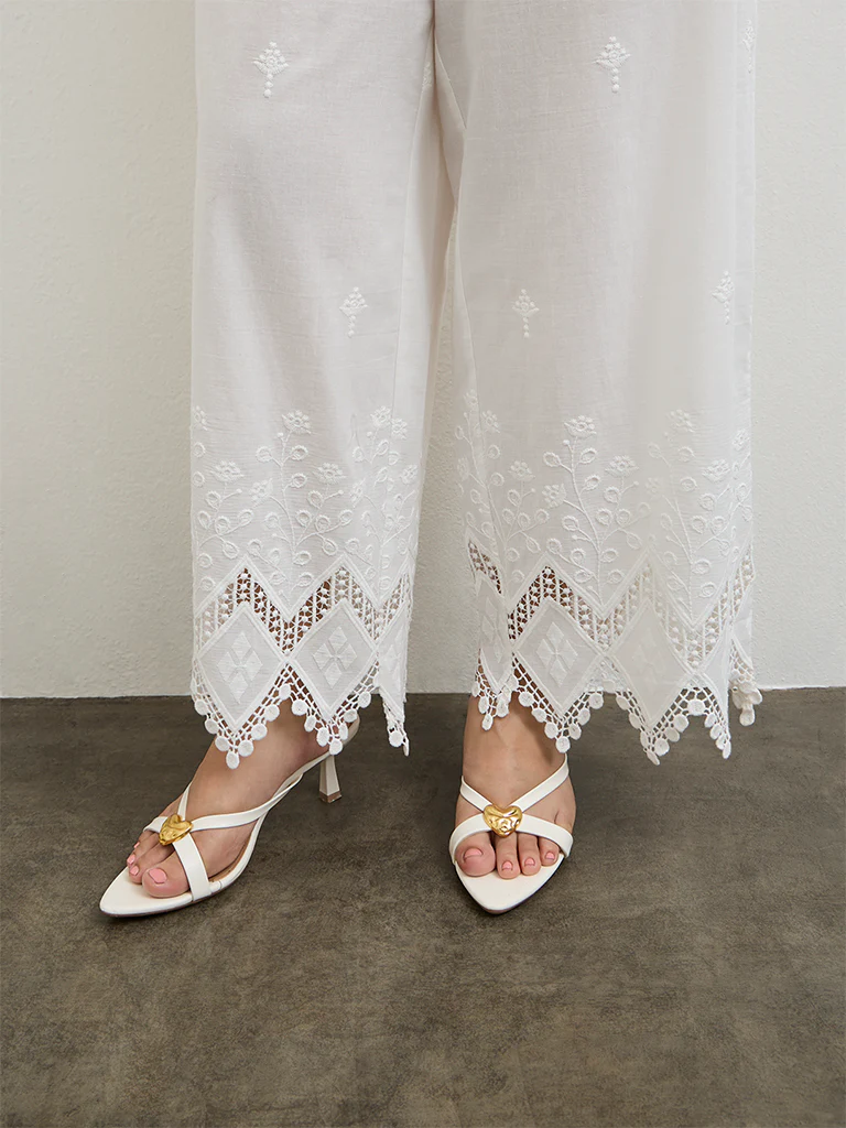 Diza White Lace-Embroidered Cotton Pants - Image 3