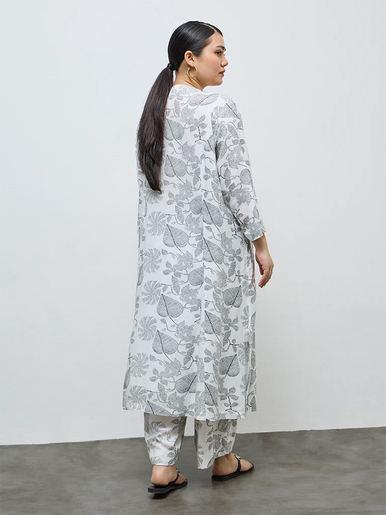 Diza White Leaf Design A-Line Kurta - Image 4
