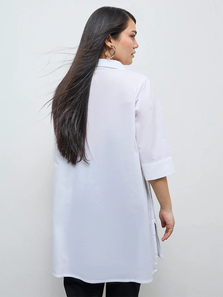 Diza White Leaf Embroidered Cotton Tunic - Image 4