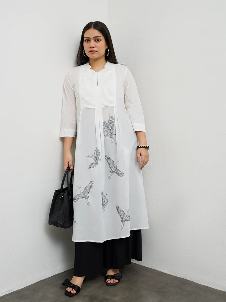Diza White Printed A-Line Kurta