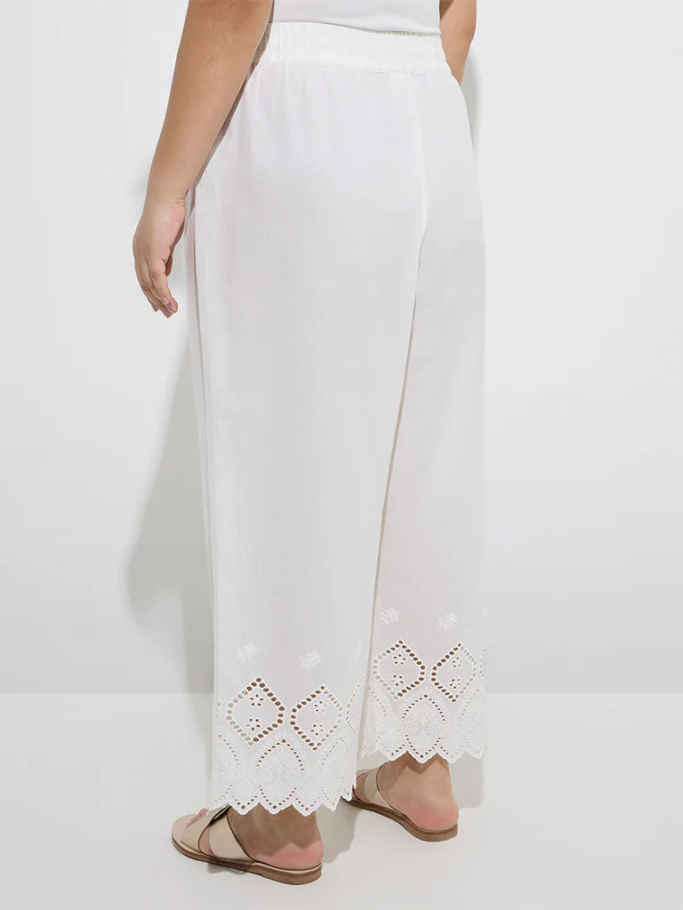 Diza White Schiffli Design Cotton Ethnic Pants - Image 4