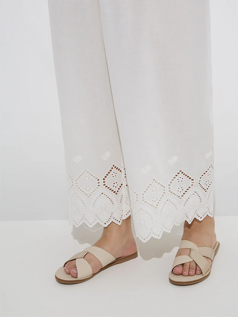 Diza White Schiffli Design Cotton Ethnic Pants - Image 3