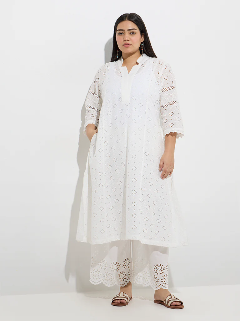 Diza White Schiffli Detailed Cotton Ethnic Pants - Image 2