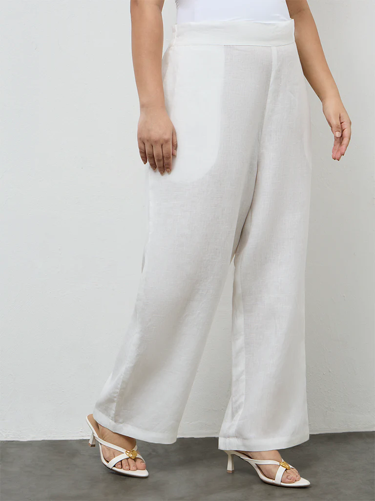 Diza White Solid Linen Pants - Image 2