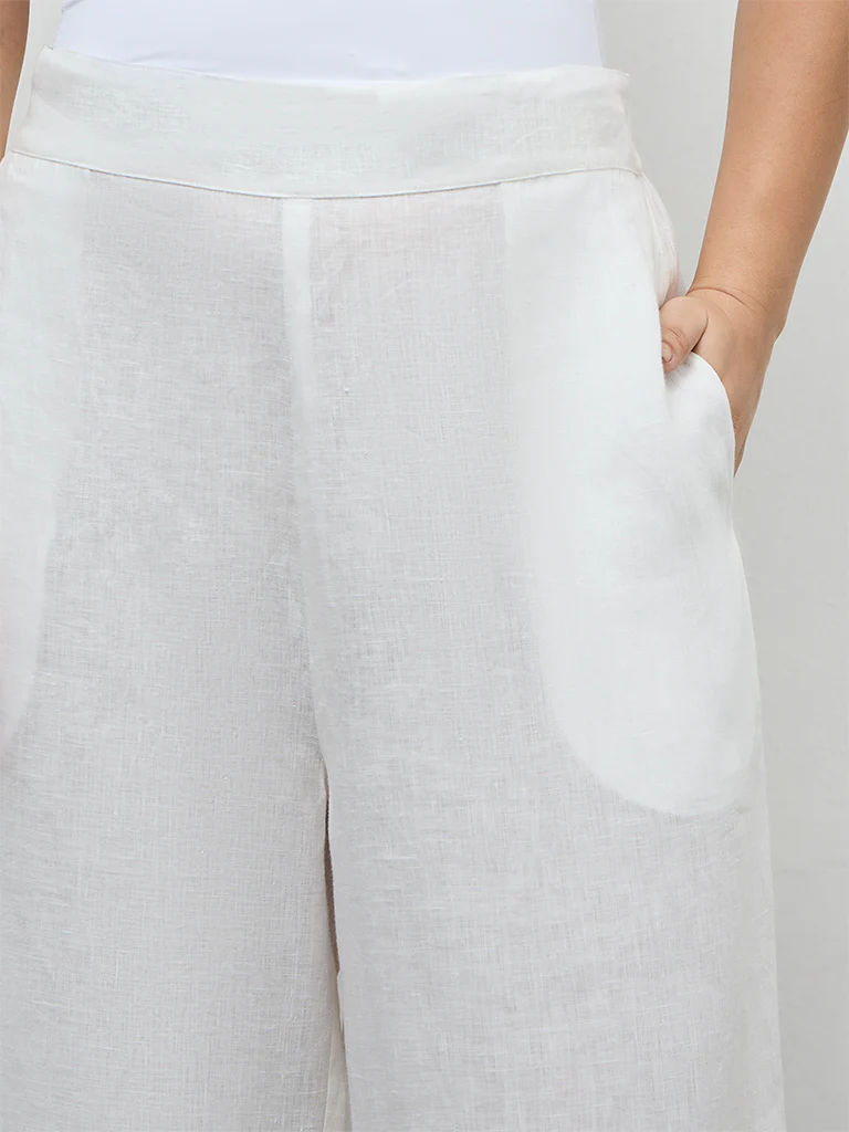 Diza White Solid Linen Pants - Image 3