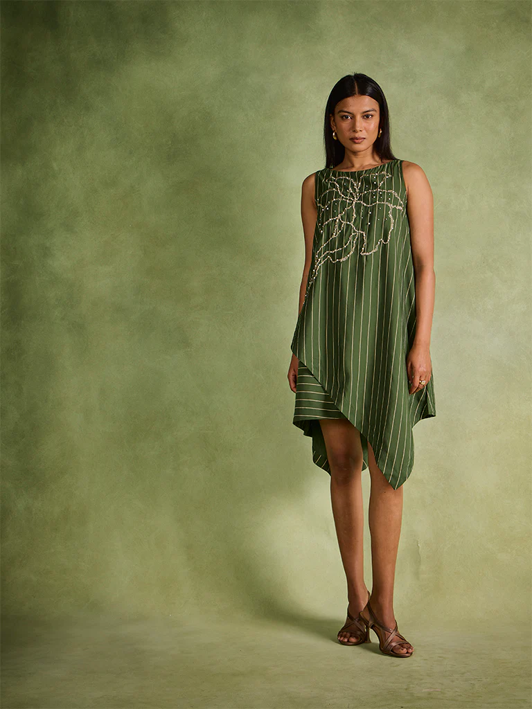 Embellished Asymmetric Dress – Green