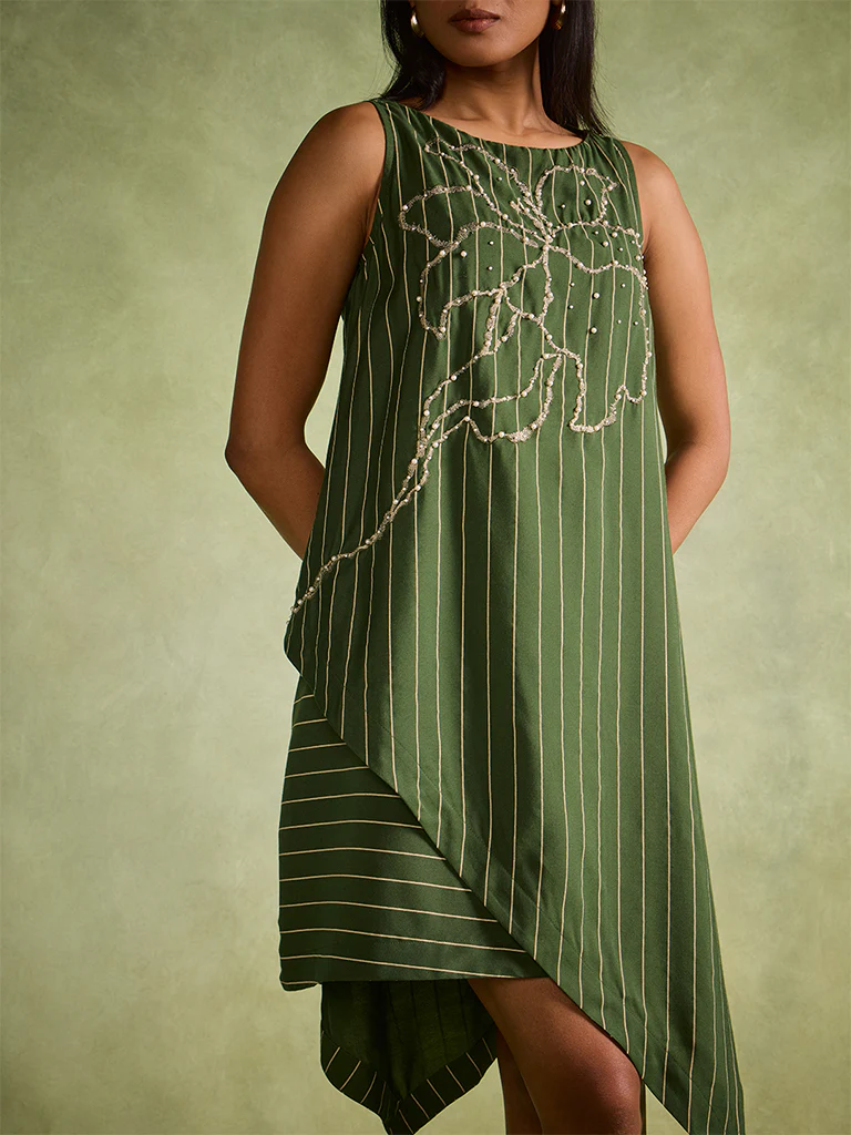 Embellished Asymmetric Dress – Green - Image 3