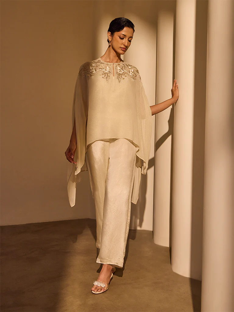 Embellished Cape Top with Camisole – Cream - Image 2