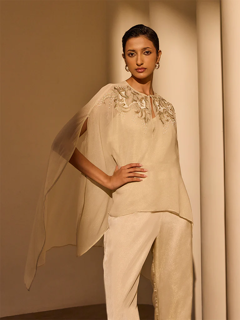 Embellished Cape Top with Camisole – Cream - Image 3
