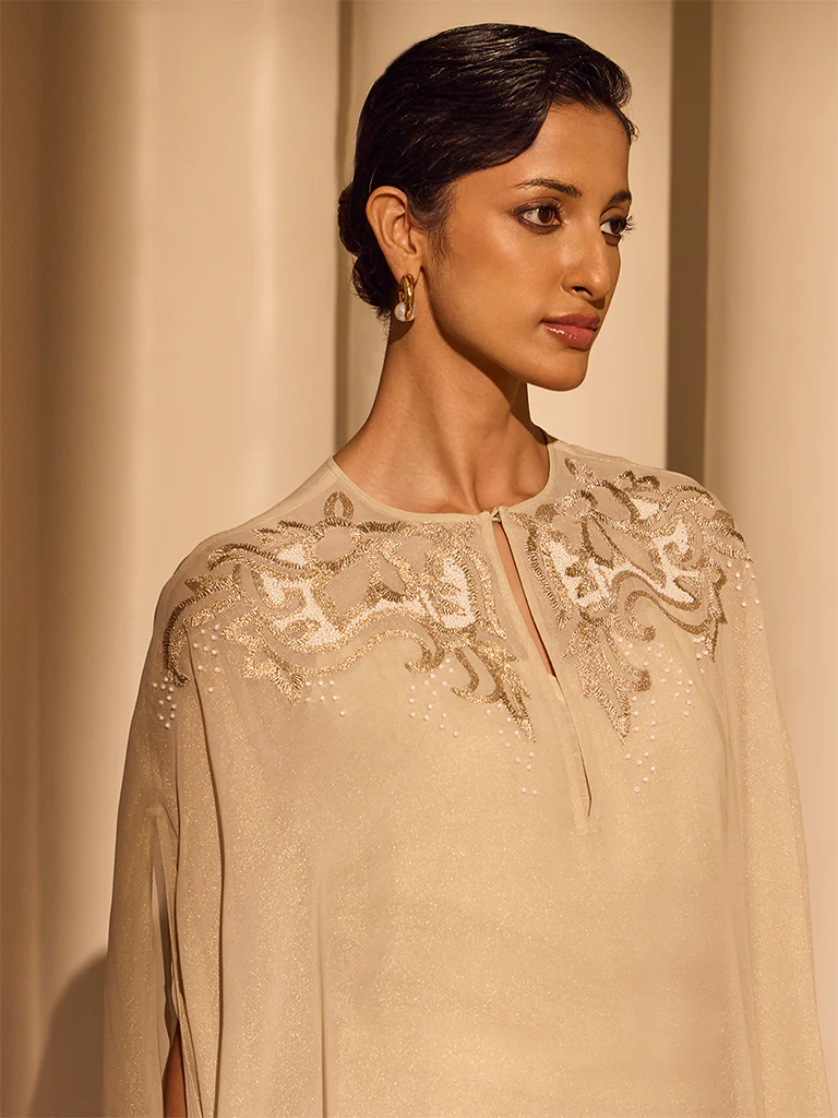 Embellished Cape Top with Camisole – Cream - Image 4