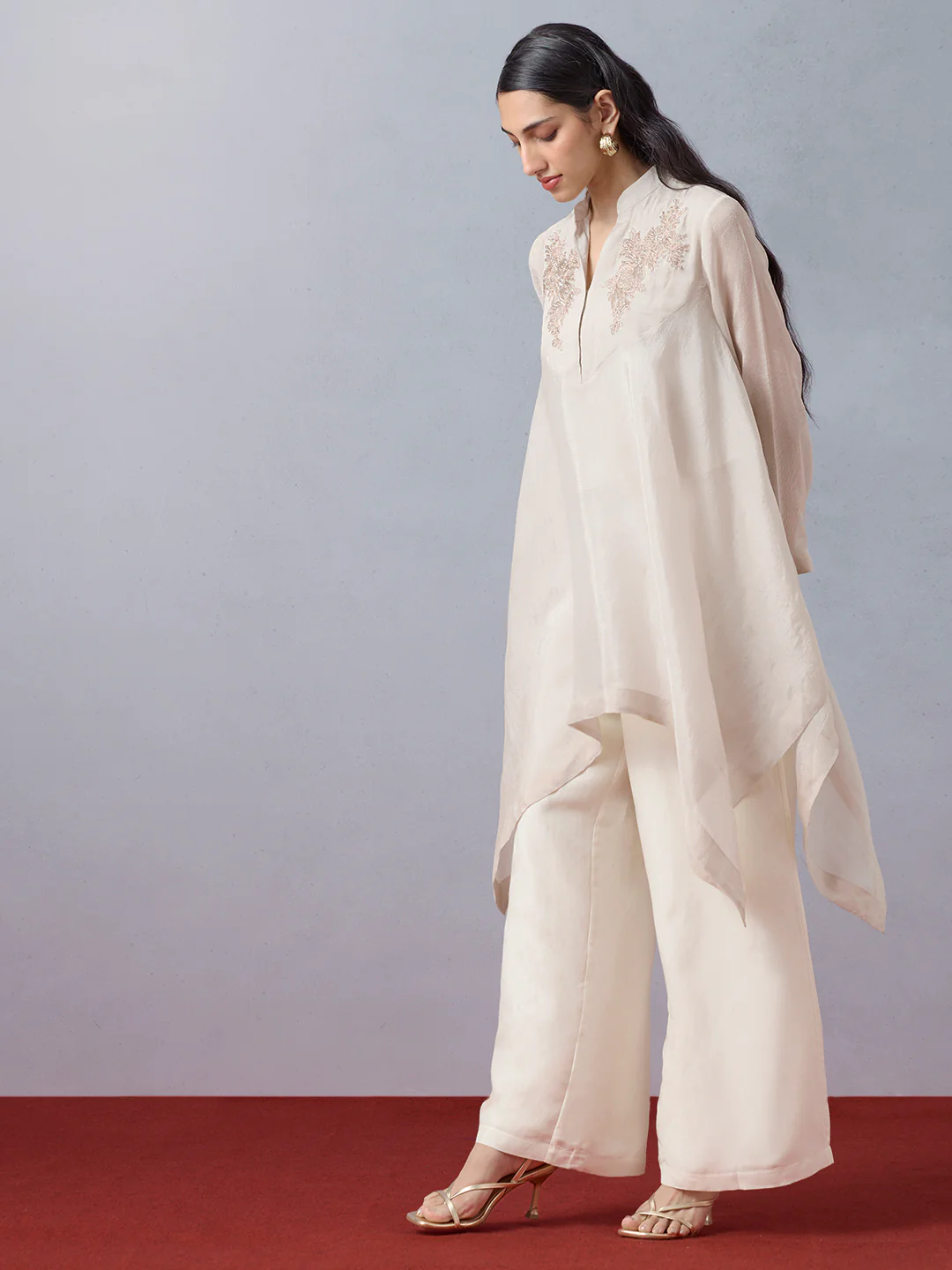 Embroidered Kurta and Inner - Cream - Image 2