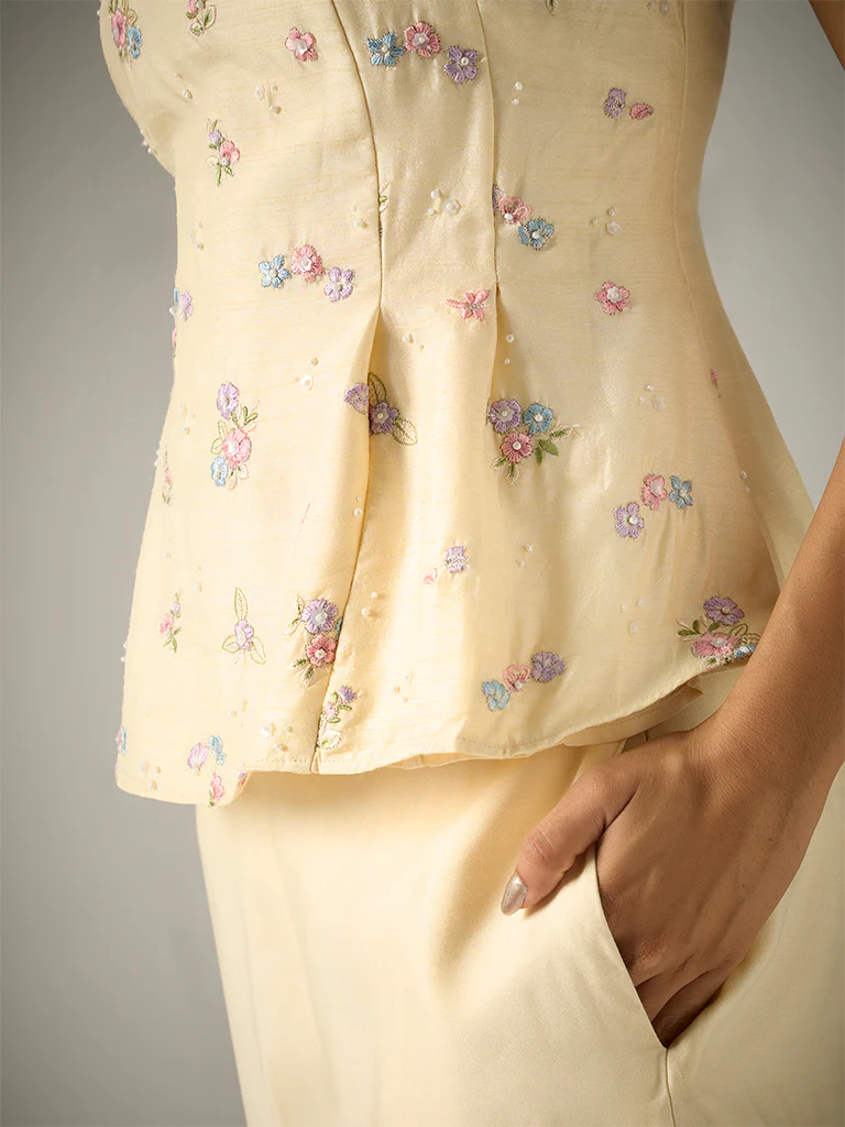 Embroidered Peplum Top – Cream - Image 3