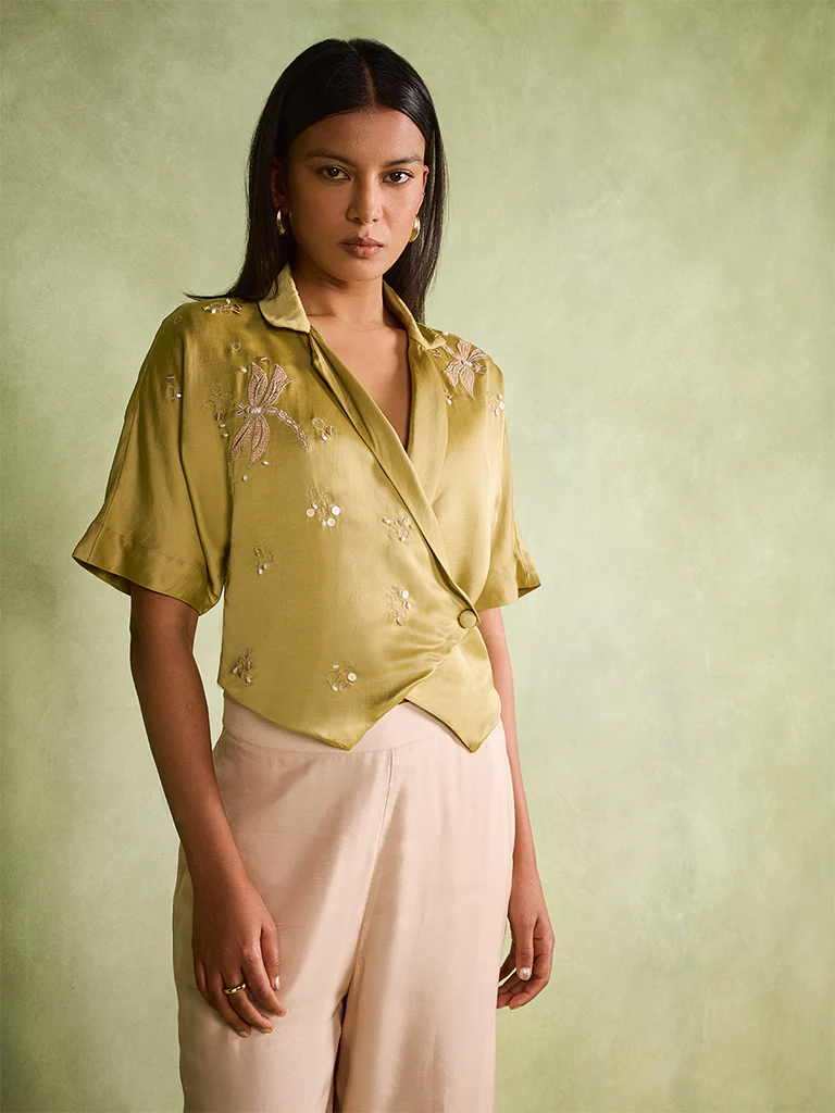 Embroidered Wrap Top – Olive - Image 2