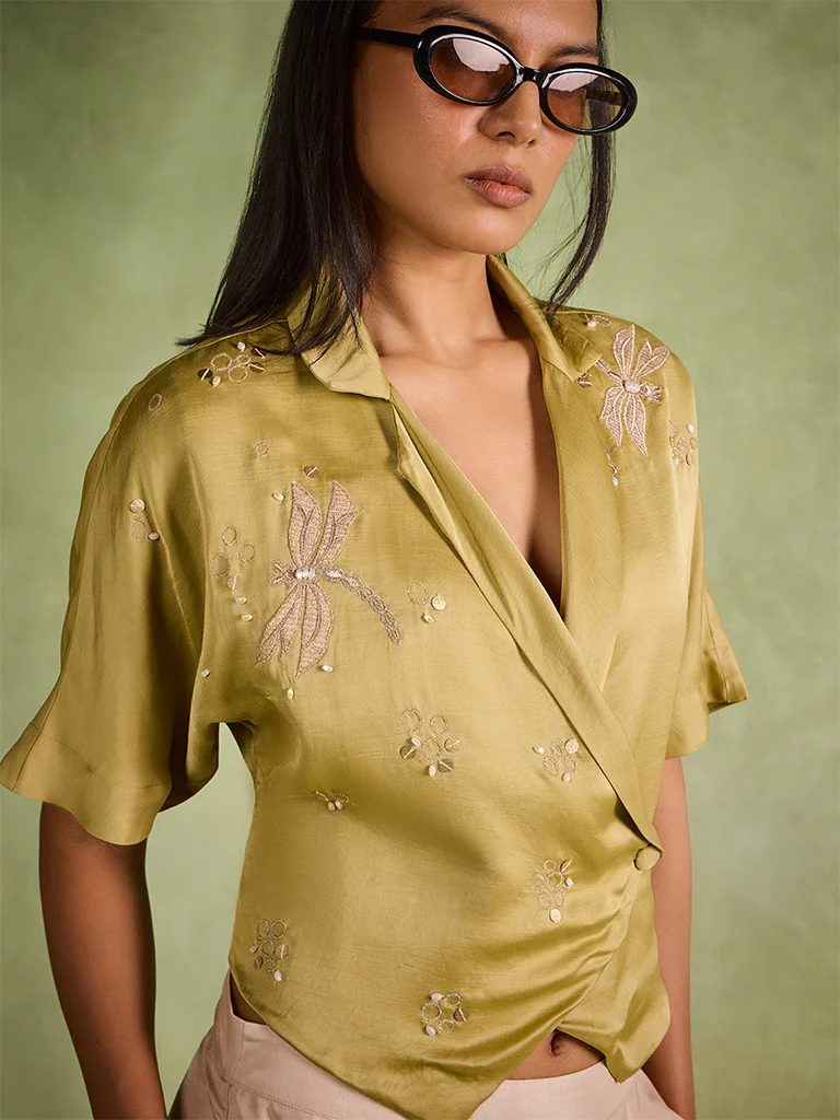 Embroidered Wrap Top – Olive - Image 3