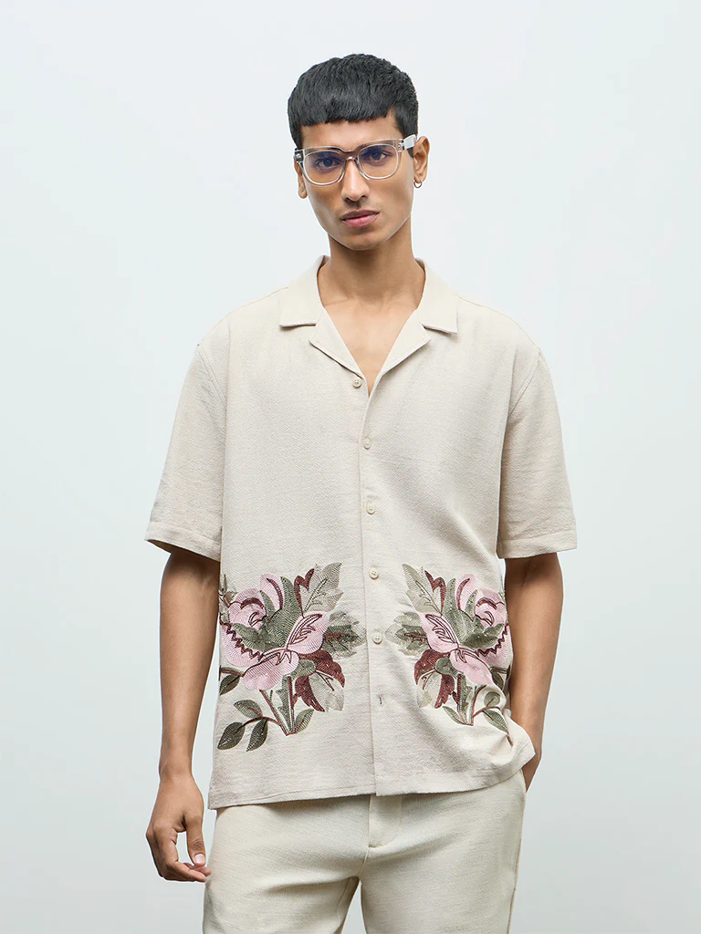 ETA Beige Floral Embroidered Relaxed-Fit Cotton Shirt - Image 2