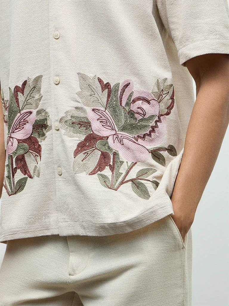 ETA Beige Floral Embroidered Relaxed-Fit Cotton Shirt - Image 3