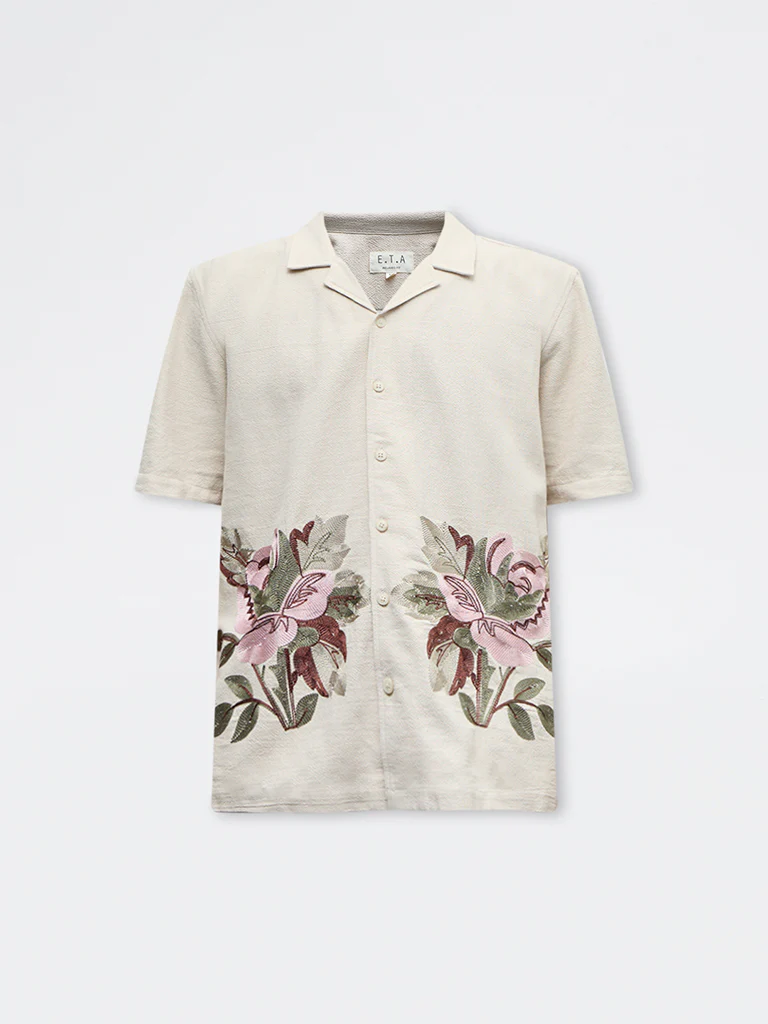ETA Beige Floral Embroidered Relaxed-Fit Cotton Shirt - Image 5