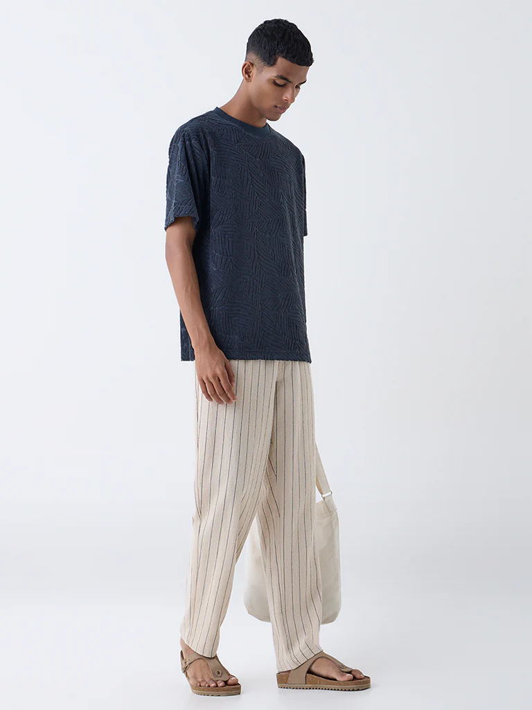 ETA Beige Pinstriped Relaxed-Fit Mid-Rise Cotton Trousers