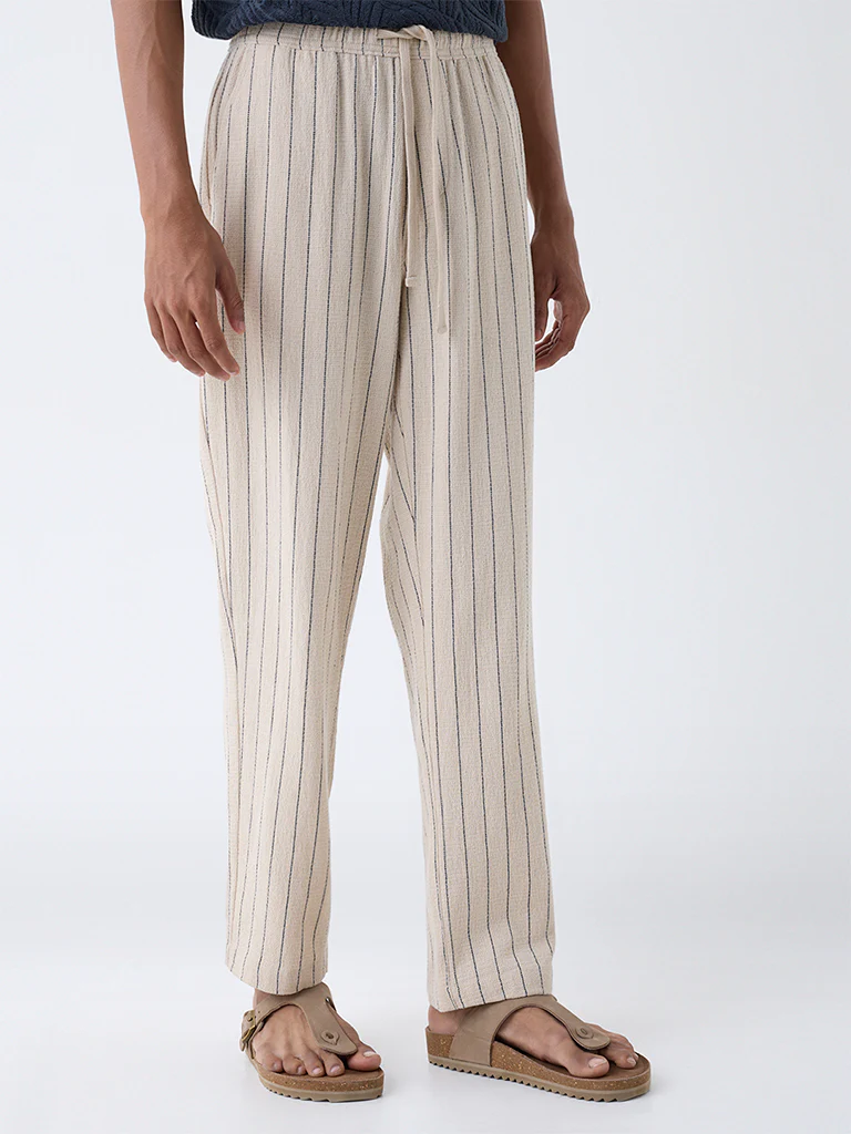 ETA Beige Pinstriped Relaxed-Fit Mid-Rise Cotton Trousers - Image 3