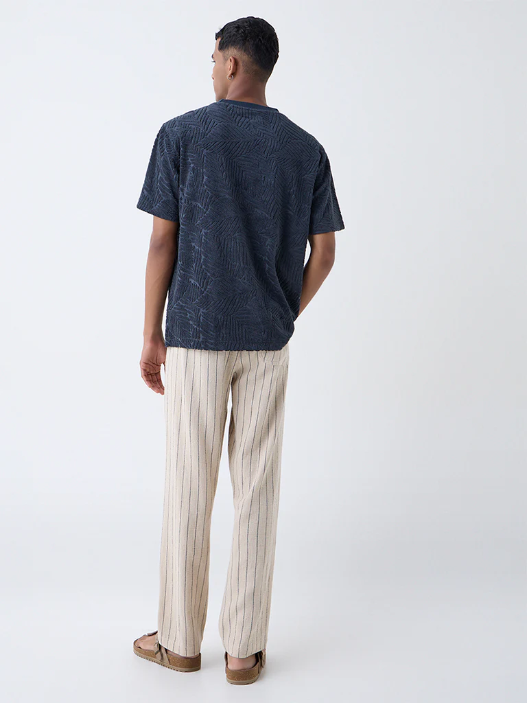 ETA Beige Pinstriped Relaxed-Fit Mid-Rise Cotton Trousers - Image 5