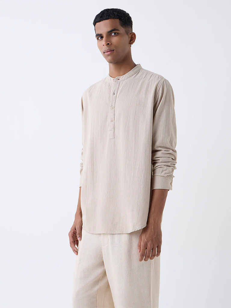 ETA Beige Self-Patterned Relaxed-Fit Cotton-Blend Shirt